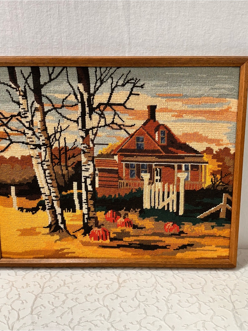 Framed Needlepoint Landscape with Birch Trees and House - Autumn Colors Art